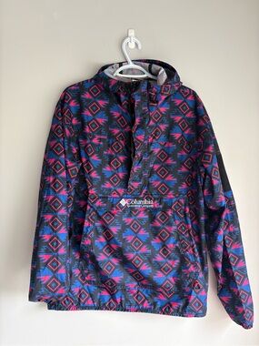 Columbia Women's Hooded Pullover Rain Anorak - Navy with Pink Geometric Print